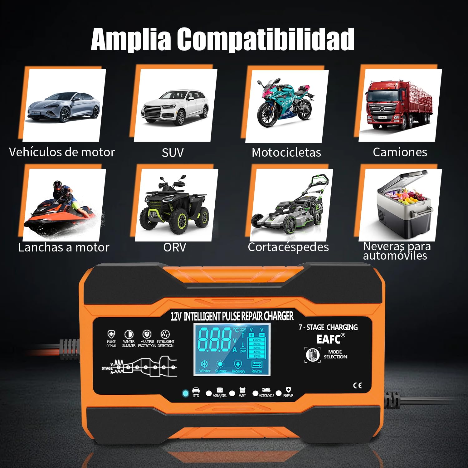 12A Cargador Baterias Coche Inteligente 12V, Mantenedor Bateria Moto para Baterías de Plomo-ácido, STD, AGM, Gel, SLA, Cable de 2m, Control Táctil, Compensación de Temperatura