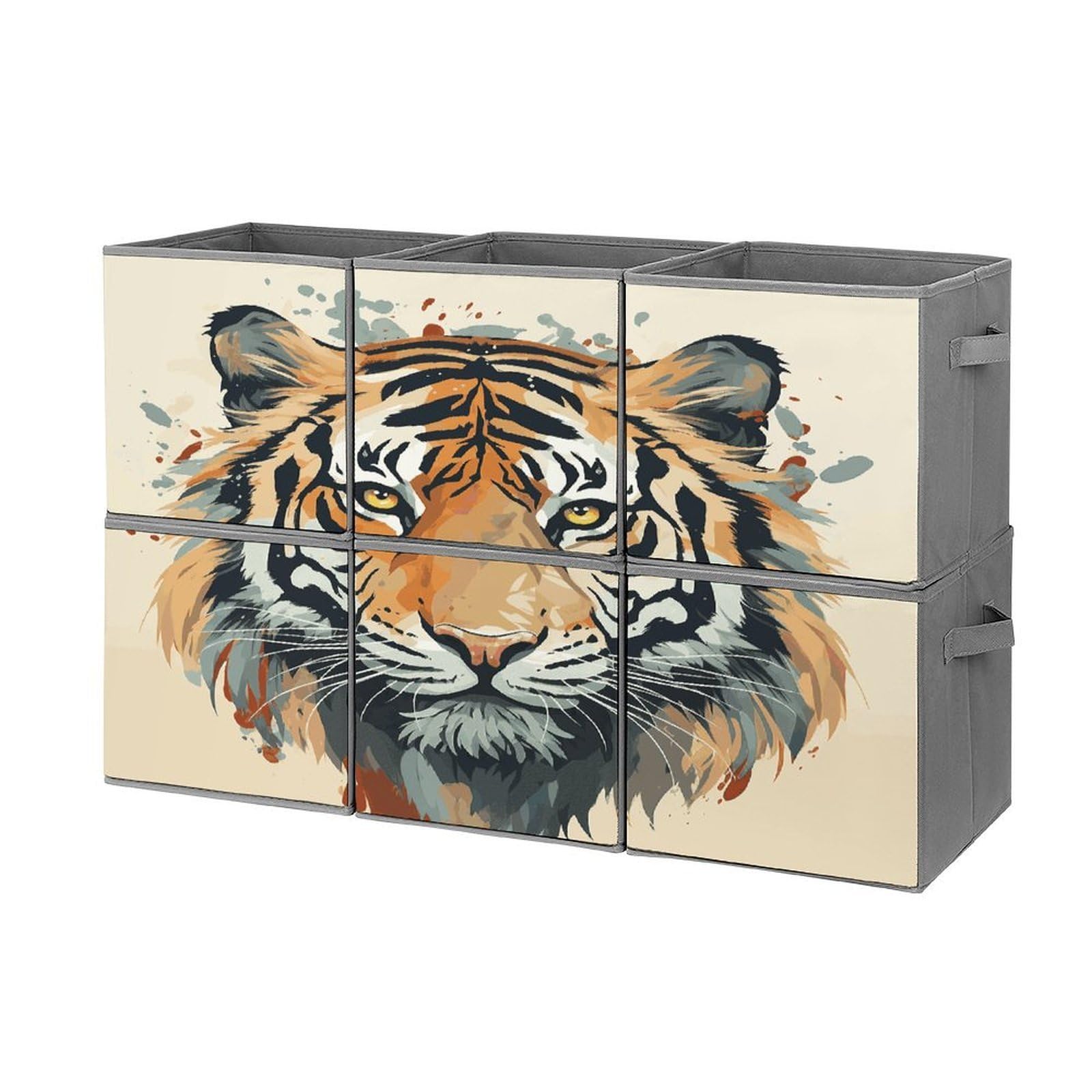 Btcowzrv Style Hand Drawn Tiger Storage Cubes, 6 Pack Oxford Fabric Foldable Collapsible Bins With Handles, Cubby Storage Baskets Boxes For Closet Shelves Office Organization