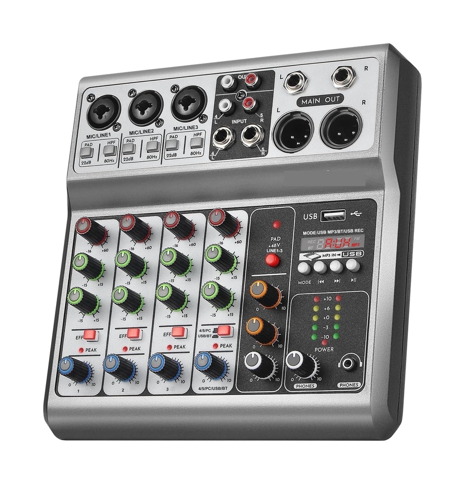 Kontroler DJ-ski, Profesjonalny Mikser, Konsola Miksująca Soundboard Z 5-kanałowym Cyfrowym Efektem Opóźnienia Echa USB Bluetooth, Wejście Stereo 48 V