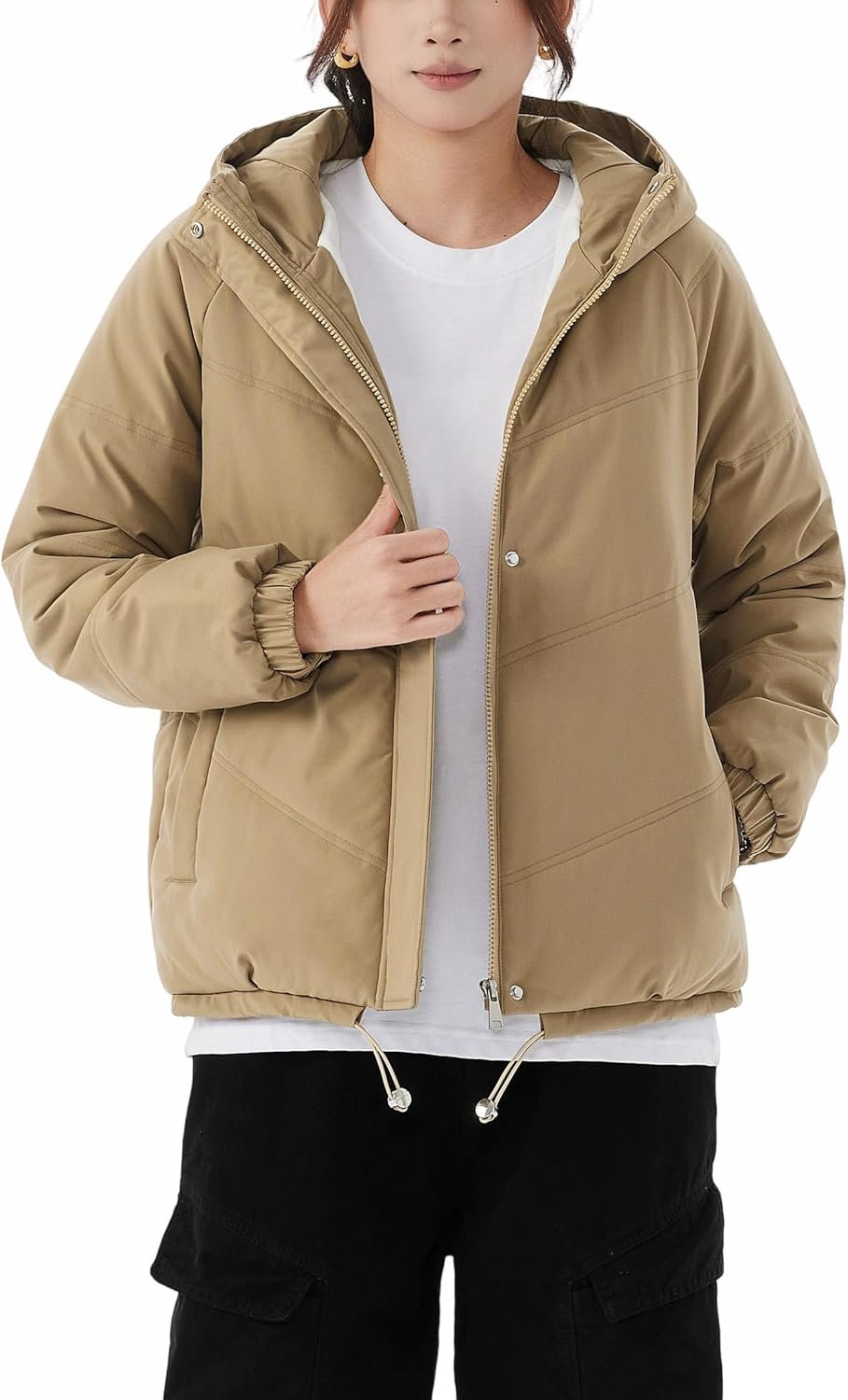 JiangWu Women's Winter Thickened Hooded Cotton Coat Windproof Warm Fleece Jacket