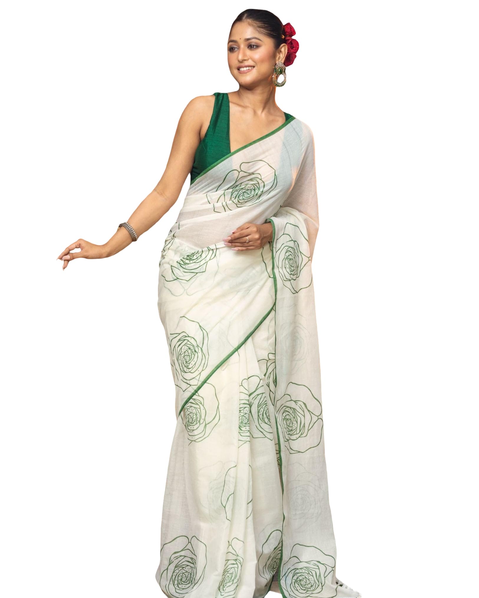 Women's Cotton Blend Floral Print Saree With Tassel Detailing & Comes With Unstitched Blouse Piece (Gulab_Free Size)-image-37