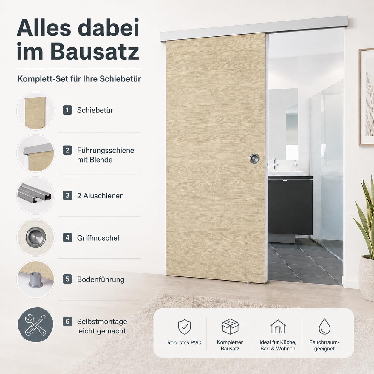 Ondis24 SLIDE Porte coulissante pour appartement avec rail le long du mur, séparateur de pièce intérieur avec rail, système de porte coulissante, séparateur de pièce avec guide au sol, 93 cm, beige