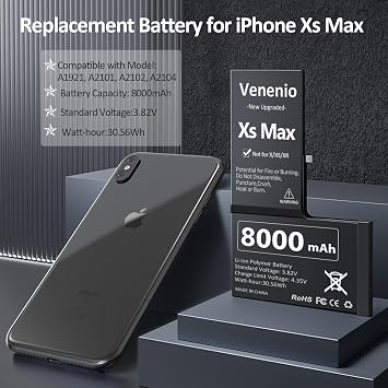 [8000mAh] Battery for iPhone Xs Max, 2025 New Upgrade High Capacity Replacement Battery for iPhone Xs Max A1921, A2101, A2102, A2104 with Professional Replacement Tool Kits