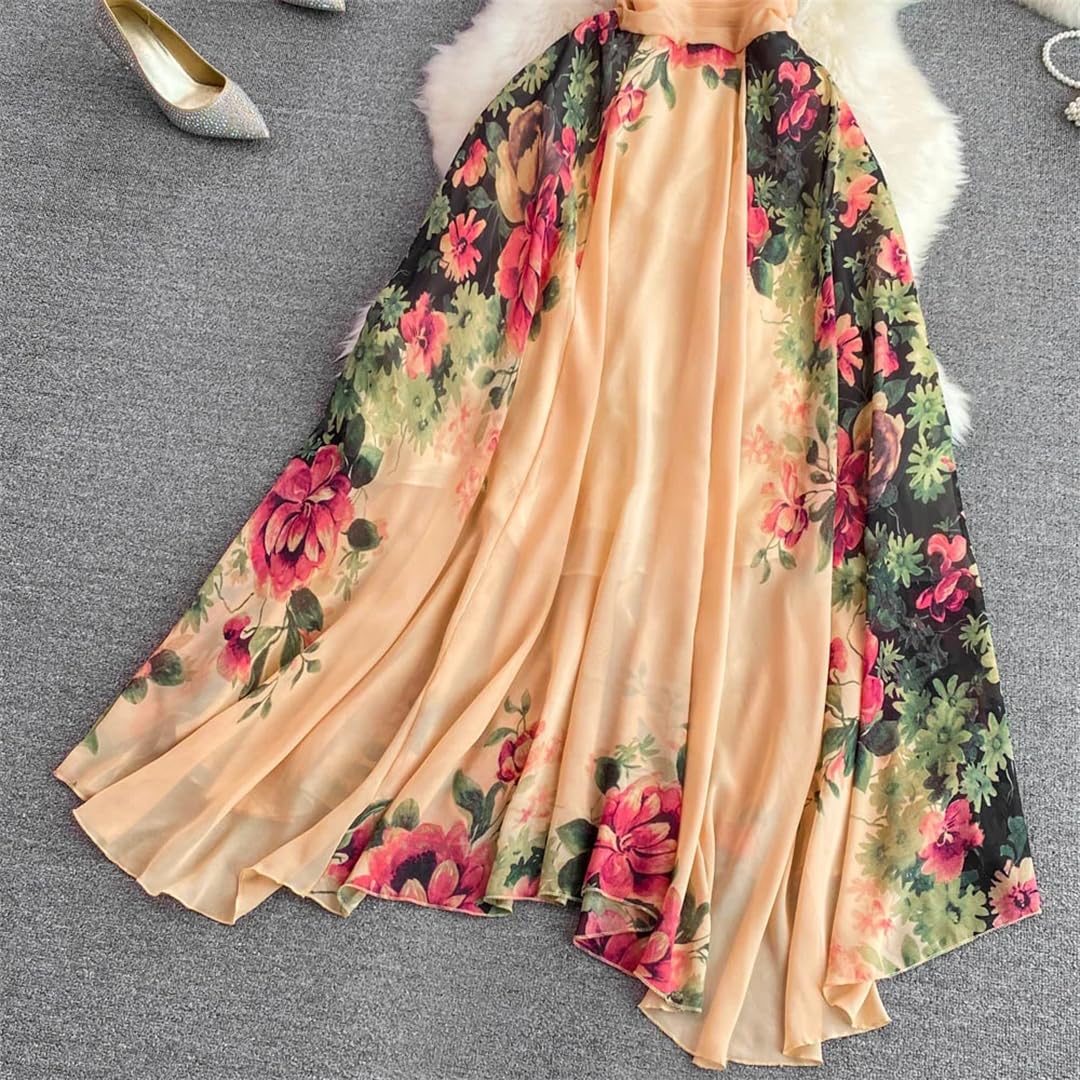 Vestido largo midi con estampado floral para mujer, sin mangas, de gasa, vestido vintage con cuello en V