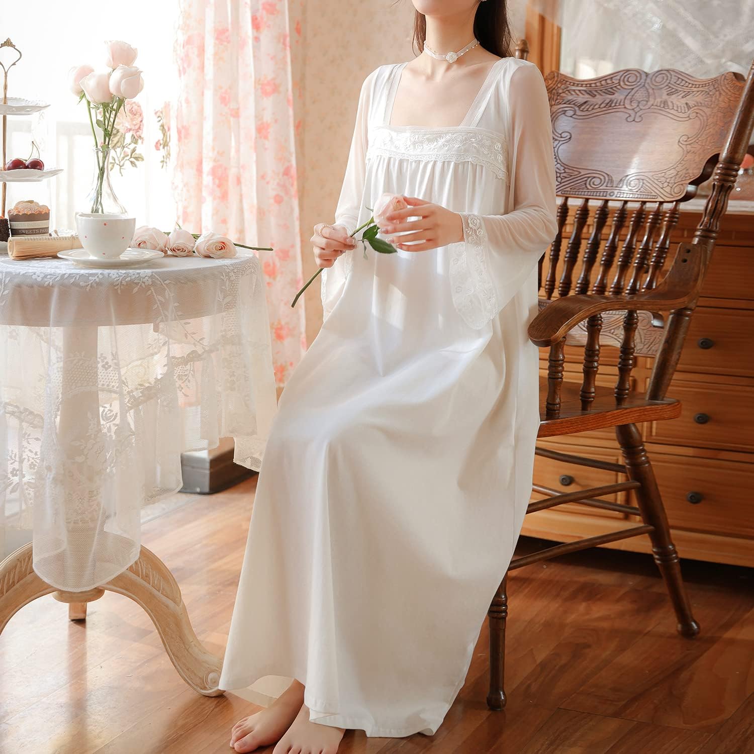 Women's Cotton Nightgown Long Sleeve Nightgowns Victorian Vintage Autumn Night Shirt - Image 5