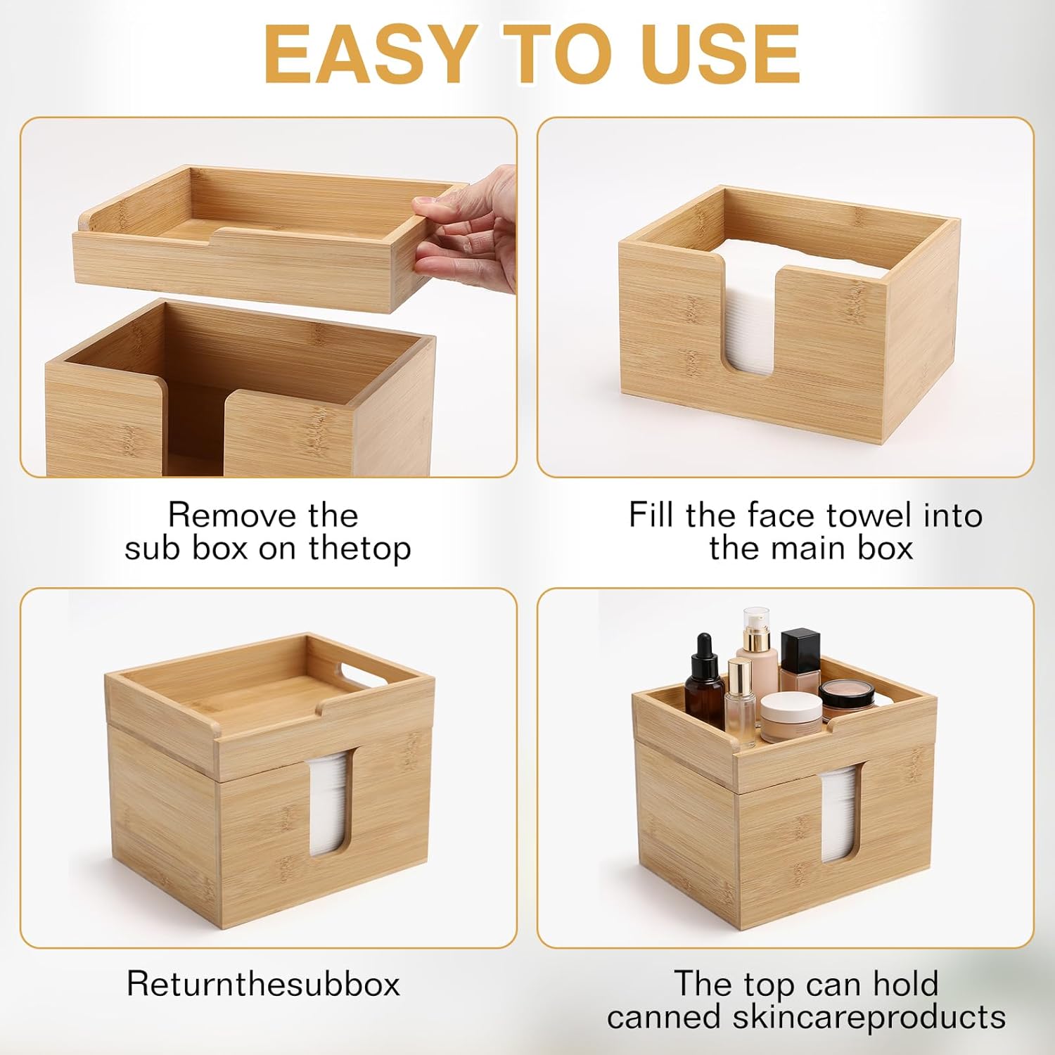 Bamboo Face Towel Holder with 120 XL Towels - Open-Top Skincare Organizer for Facial Cleansing Wipes & Beauty Essentials - Bathroom Countertop Vanity Organizer - Image 5