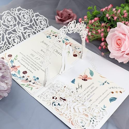 Miniatura 1 de 20 juegos de tarjetas de invitaciones de boda 3D para novia y novio, tarjeta de felicitación de flores huecas, tarjeta de felicitación de flores con
