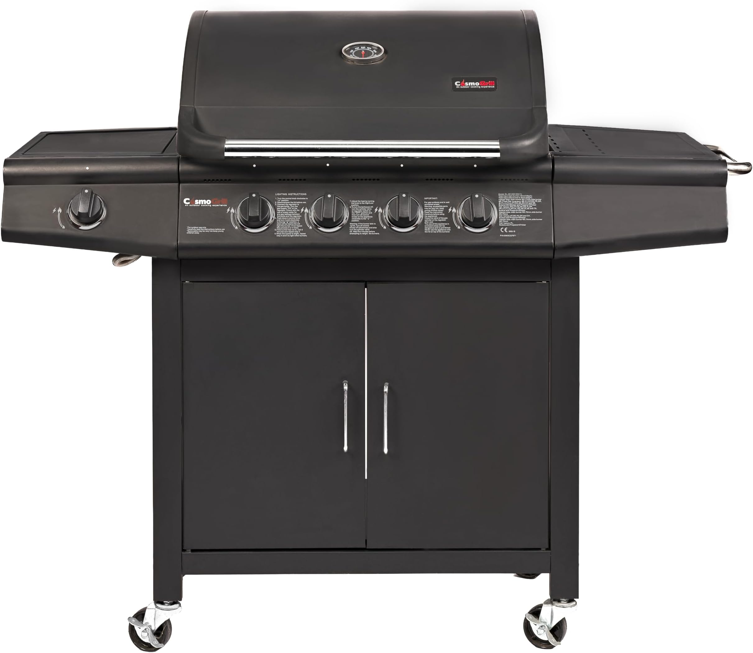 CosmoGrill Pro Deluxe 5 Gas Burner 4+1 Barbecue Grill, Steel Warming Rack, Side-Burner, Built-in Temperature Gauge for Home Garden Party Outdoor Cooking (93411)