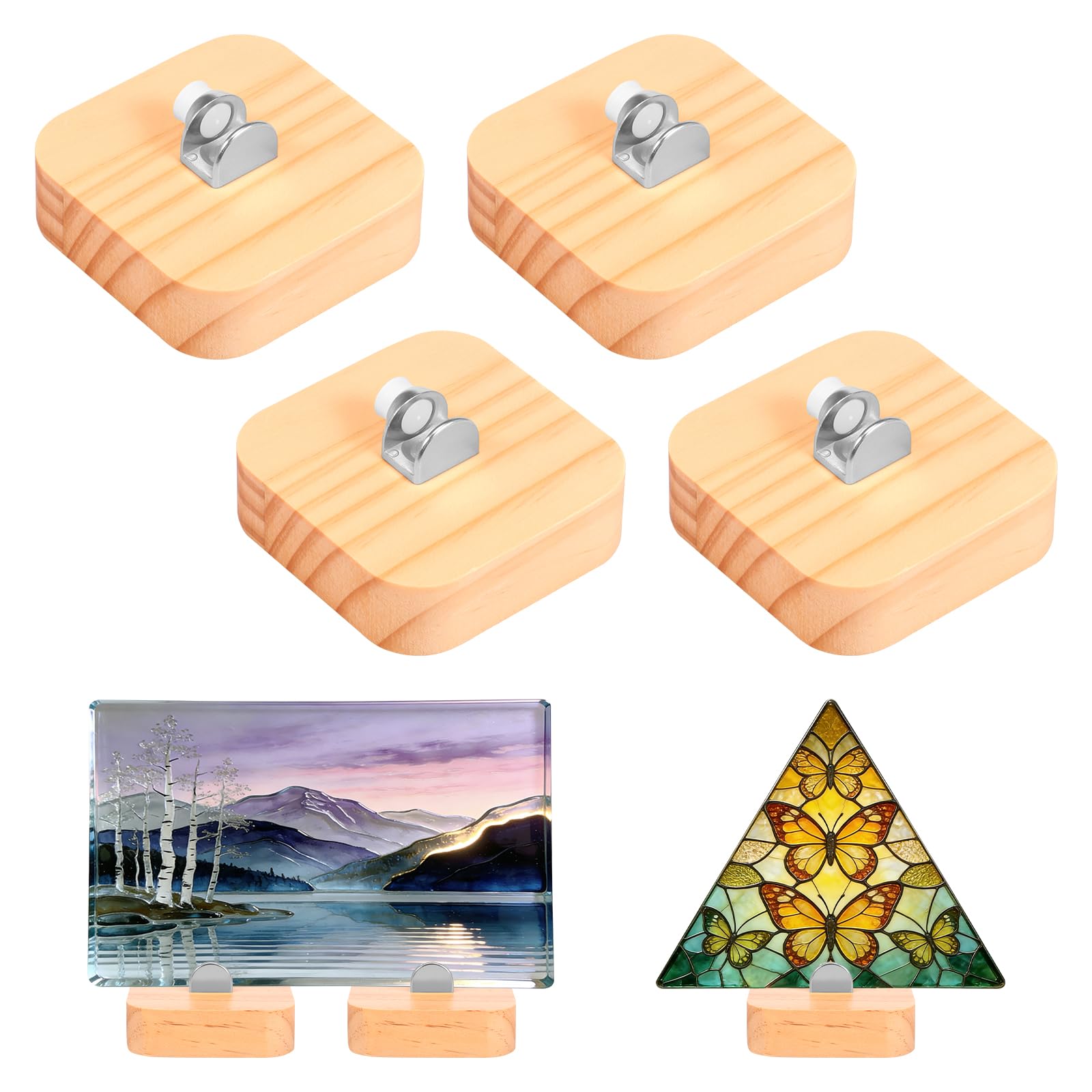4 Pcs Wood Display Stand,Adjustable Glass Display Stands,Rustic Fused Glass Art Base,7cm Decorative Plate Stand Holder for Glasses Art Creations Stained Ceramic Tiles Plaques Collectibles(7 CM)