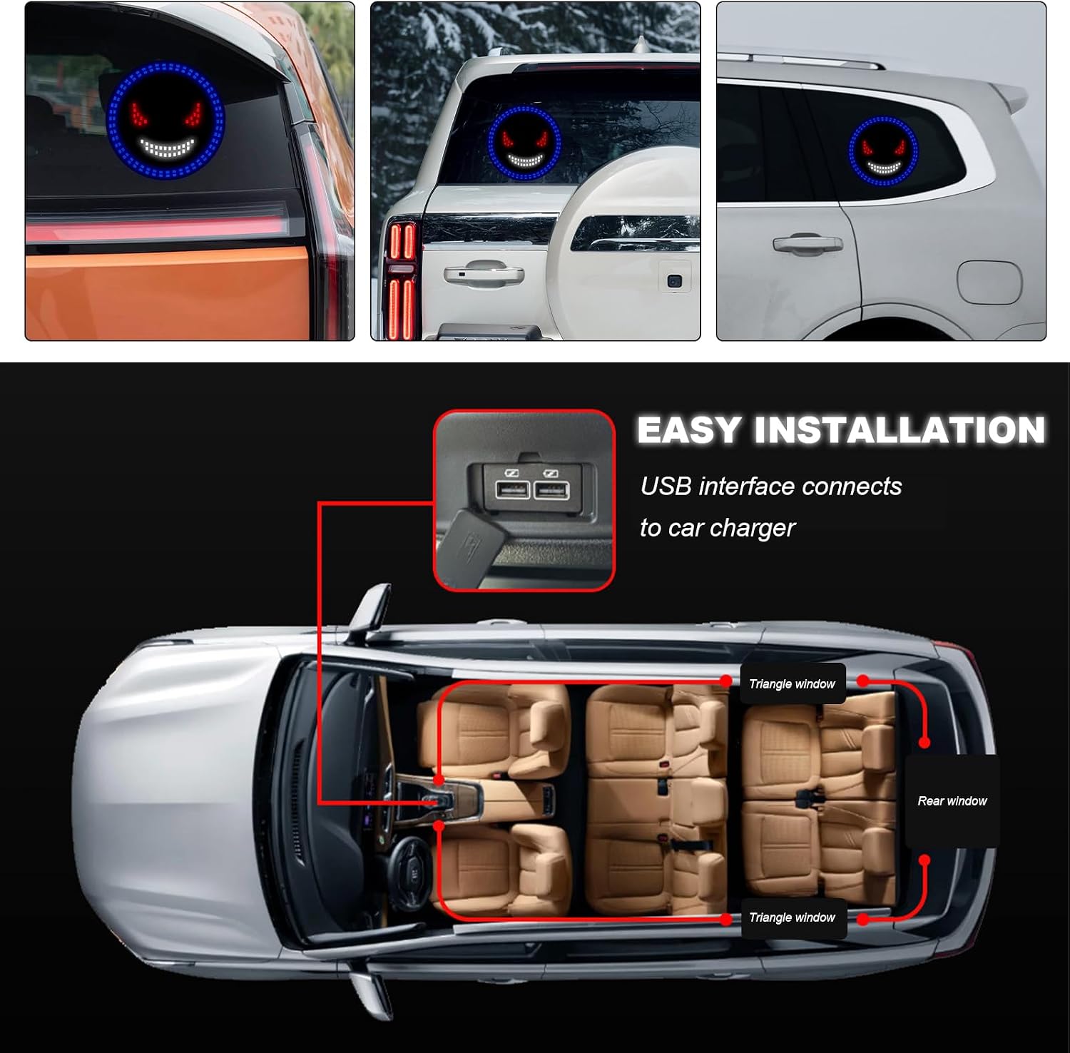 Devil Eyes Light for Cars, USB Plug & Play LED Demon Eye Lights Windshield Dynamic Sign with 11 Modes, Funny LED Back Window Devil Sign Exterior Gadgets for Cars SUVs Trucks (H-5)