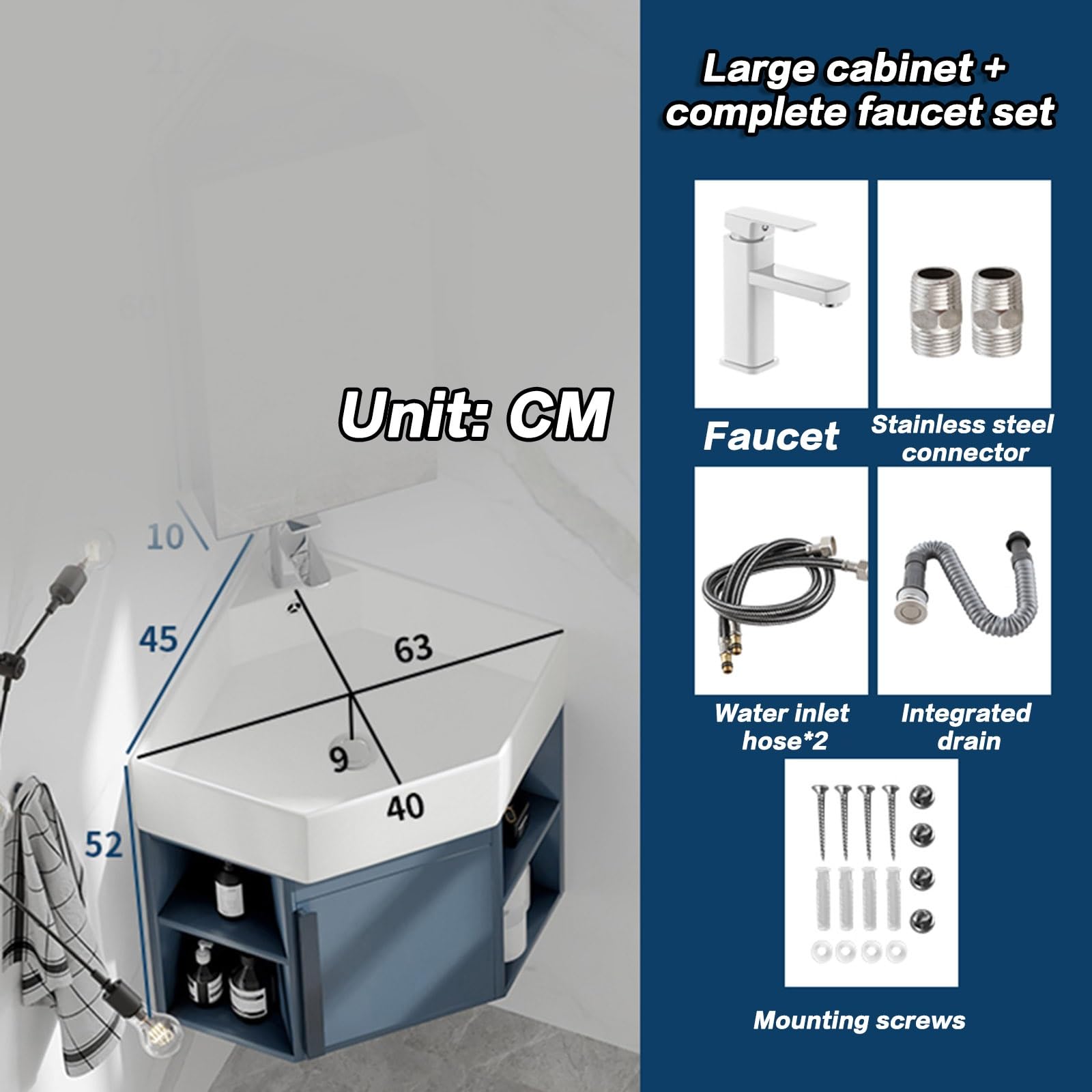 Lavandini Ad Angolo Per Bagno, Lavabo Ad Angolo Su Piedistallo, Mobile Da Bagno Con Rubinetto E Scarico, Set Di Mobili A Parete Per Piccoli Spazi, Per Piccoli Spazi, Mobiletto Sospeso A Parete ( Color