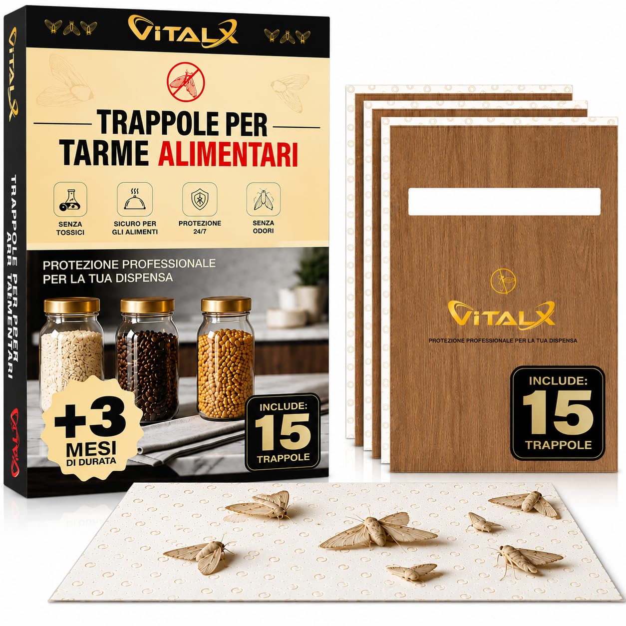 VITALX® Pack Risparmio 15 Trappole Tarme Alimentari e Farfalline del Cibo | con Feromone Incluse | Atossiche e Sicure per Alimenti | +3 Mesi | Trappole Tignole per Dispensa Cucina e Credenza