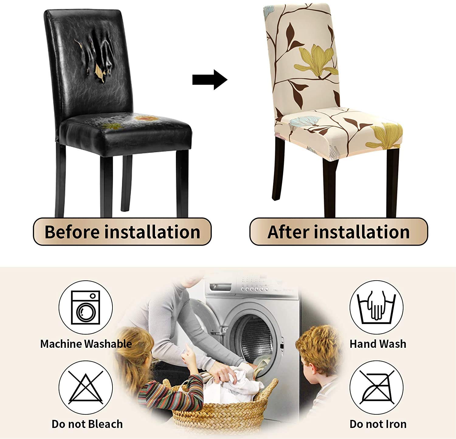 Styleys Polyester Elastic Stretch Removable Washable Short Dining Seat Slipcover Protector (Beige/Brown/Green, 6 Chair Cover) SLMC138 4