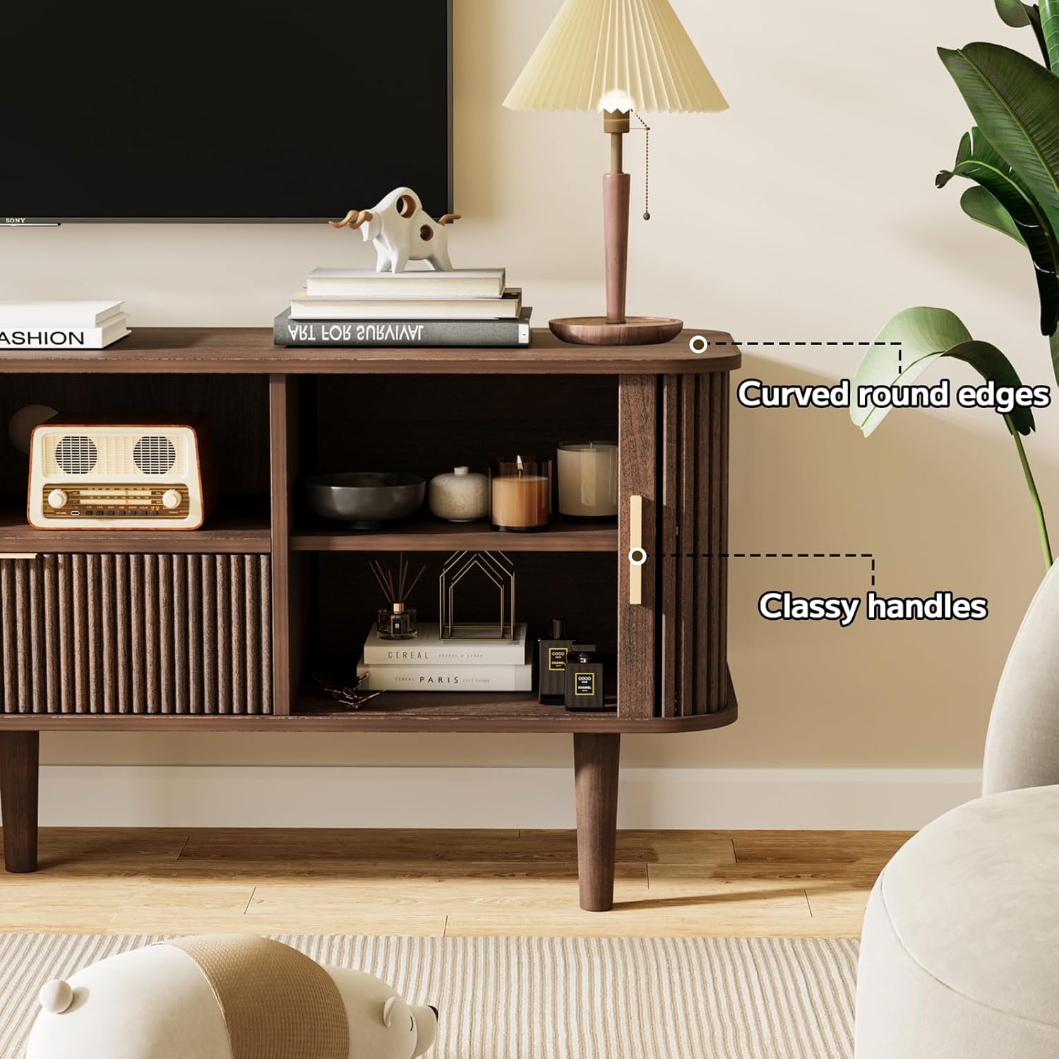 Fluted TV Stand, 55 Inch Mid Century Modern Media Console Table with Sliding Tambour Door Farmhouse Sideboard Buffet Cabinet Fits TVs up to 75 inch, Wood Entertainment Center for Living Room - Image 7