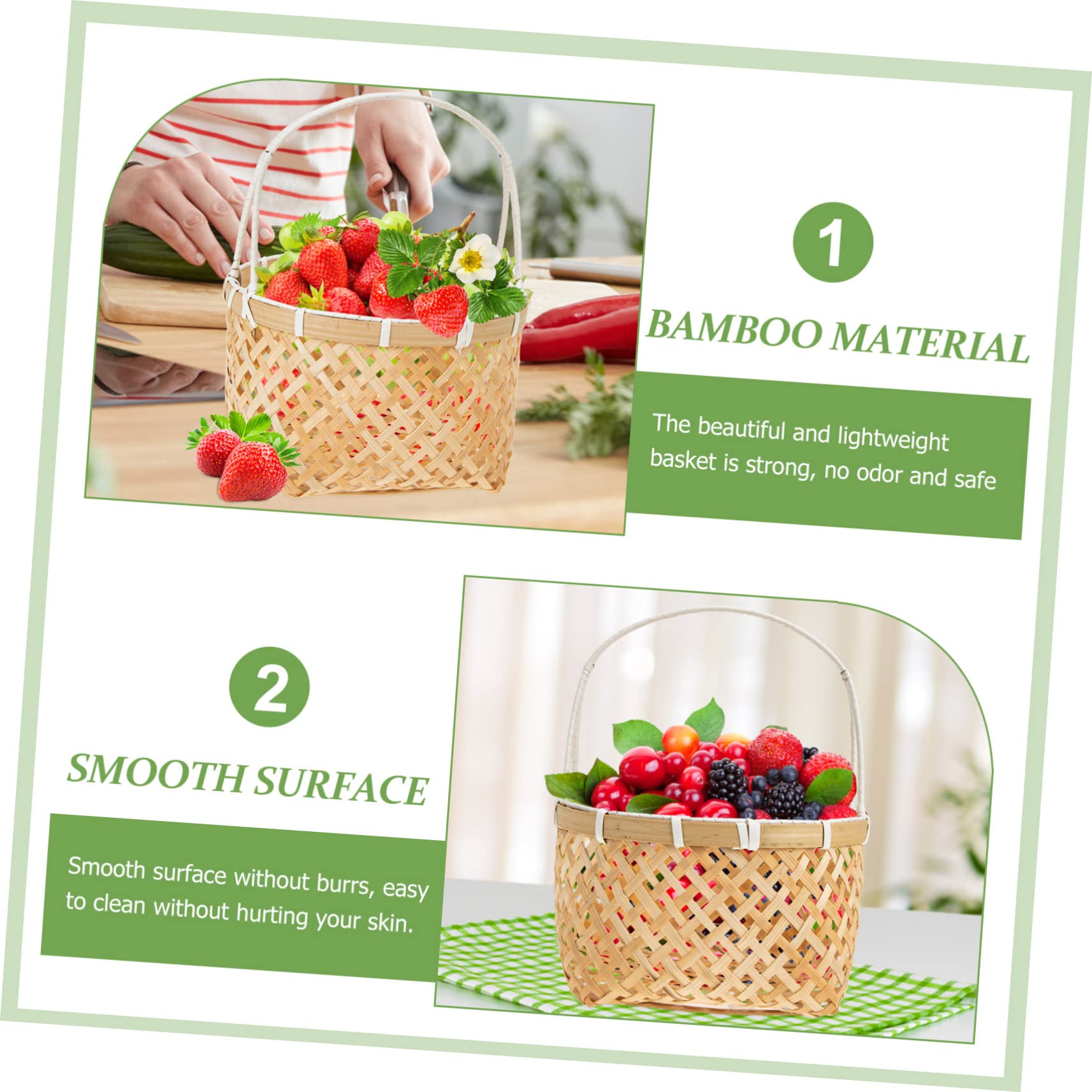Ciieeo 2 Cestas Pequeñas de Bambú Tejidas Asas, Ligeras y Seguras, para Frutas, Flores y Decoración del Hogar, Estilo Natural