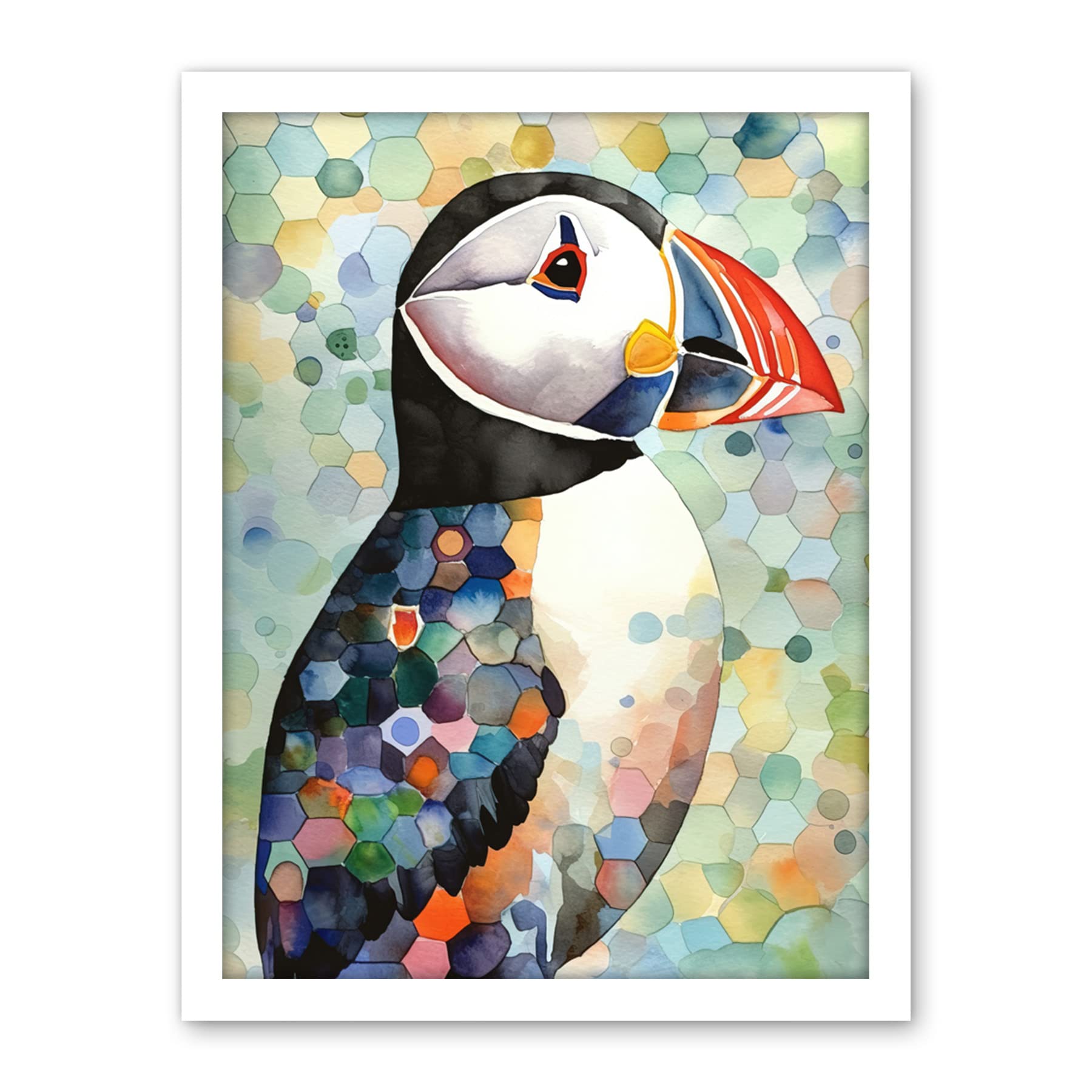 Artery8 Puffin Bird Portrait Pastel Colour Folk Art Artwork Framed Wall Art Print 18X24 Inch
