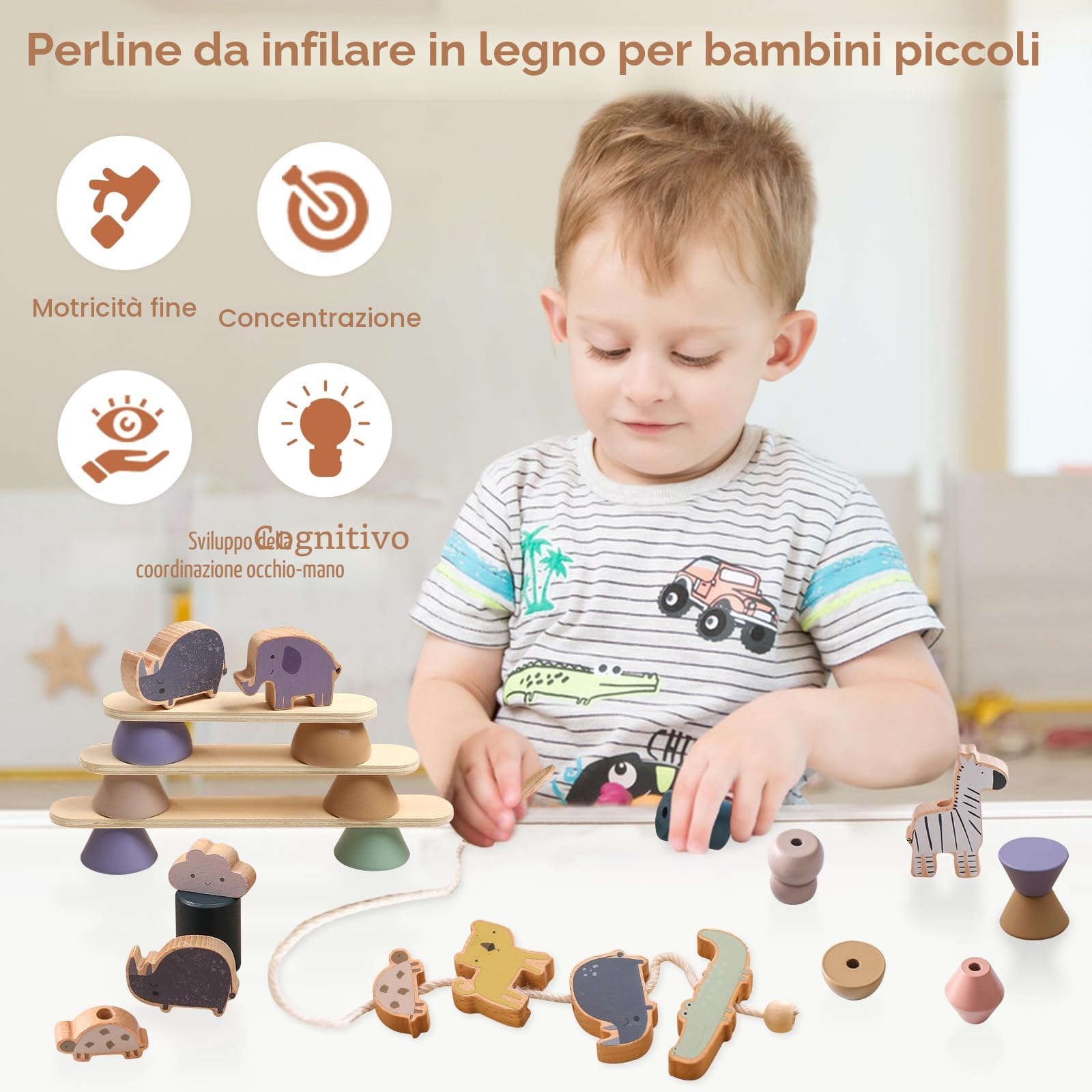 Giochi Montessori per Bambini 3 4 Anni, Perline Grandi da Infilare Bambini 30PCS, Giochi da Impilare e Infilare, Blocchi Animali in Legno Montessori, Giocattoli Educativi, Regalo Bambo