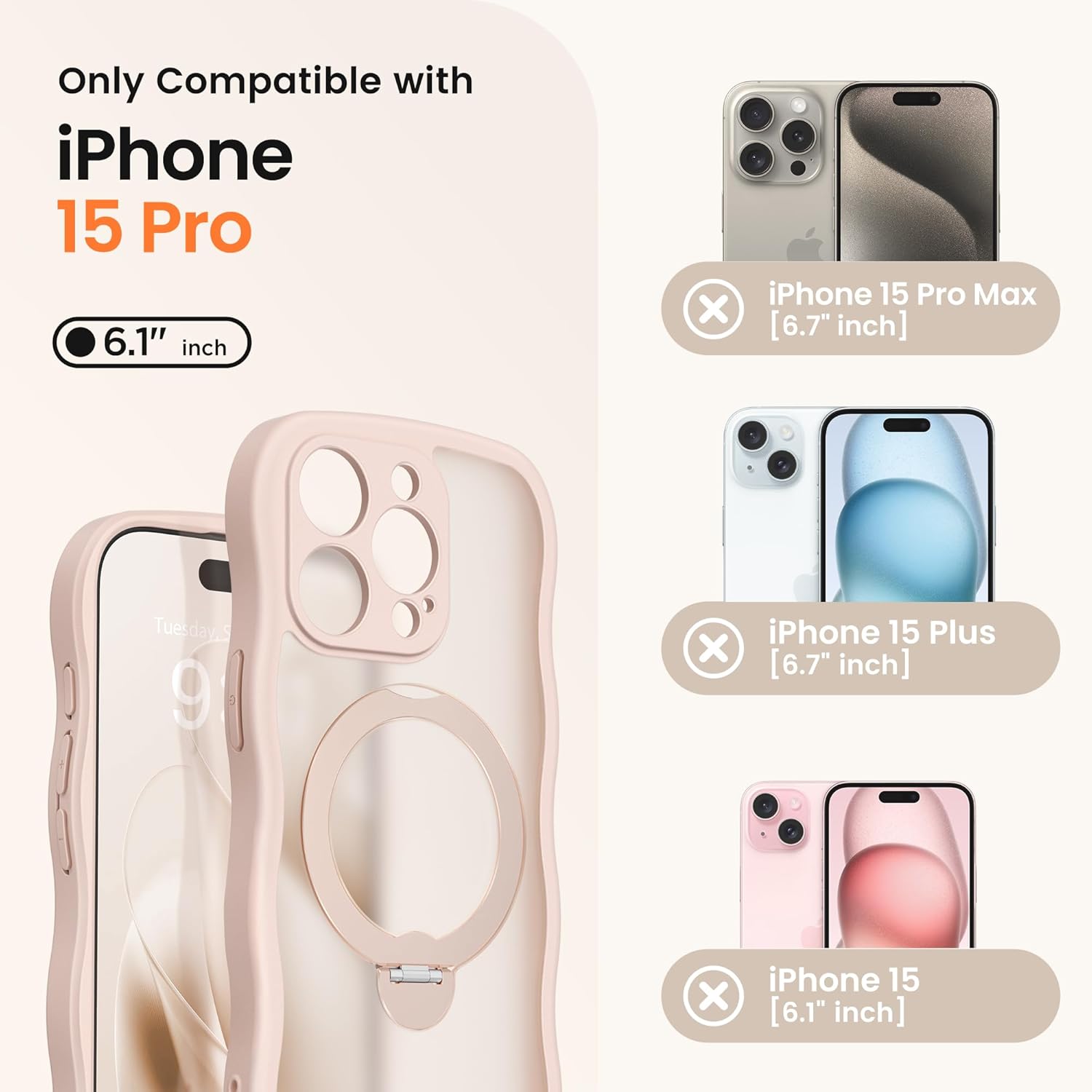 CAPRARO for iPhone 15 Pro Case with 360° Spin Magnetic Stand for Women, [Compatible with MagSafe] [Full Camera Protection] Cute Wave Translucent Matte Case for iPhone 15 Pro, Rose Gold - Image 2