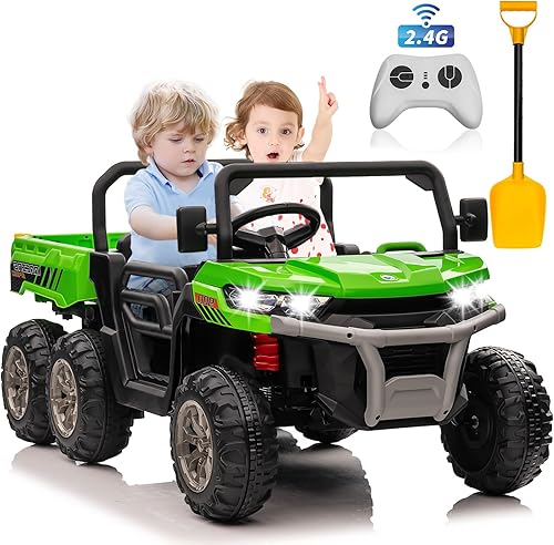 Camión volquete de 24 V 4WD 6x6 para niños con cama volquete eléctrica, auto de juguetes UTV alimentado por batería de 2 plazas con control remoto
