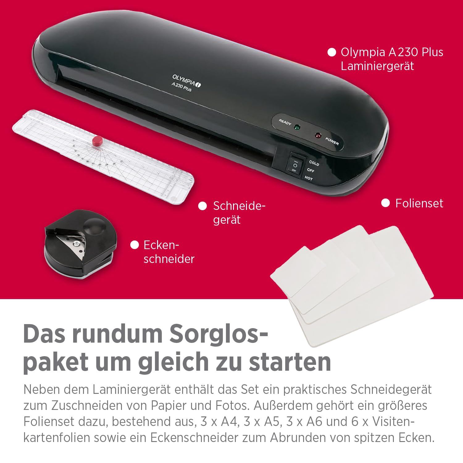 Olympia A 230 Plus zestaw do laminowania 4 w 1, laminowanie na gorąco i zimno, szybki czas nagrzewania, zestaw do laminowania z zaokrąglonymi narożnikami, przecinakiem do papieru i folią, idealny do