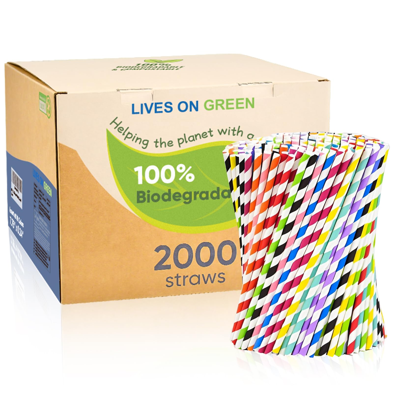 Pajitas de papel desechables de 7.75 pulgadas a granel, 2000 unidades, 10 colores surtidos, ecológicos y compostables, para cócteles, fiestas de vacaciones, restaurantes, suministros de