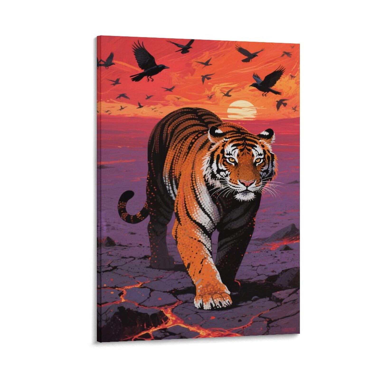 Yyvkpmlxc Frame-Style-12 Tiger Wall Art Sunset Landscape Canvas Giclee Artwork Painting Pictures Ready To Hang For Home Decor 16X24inch(40X60cm)