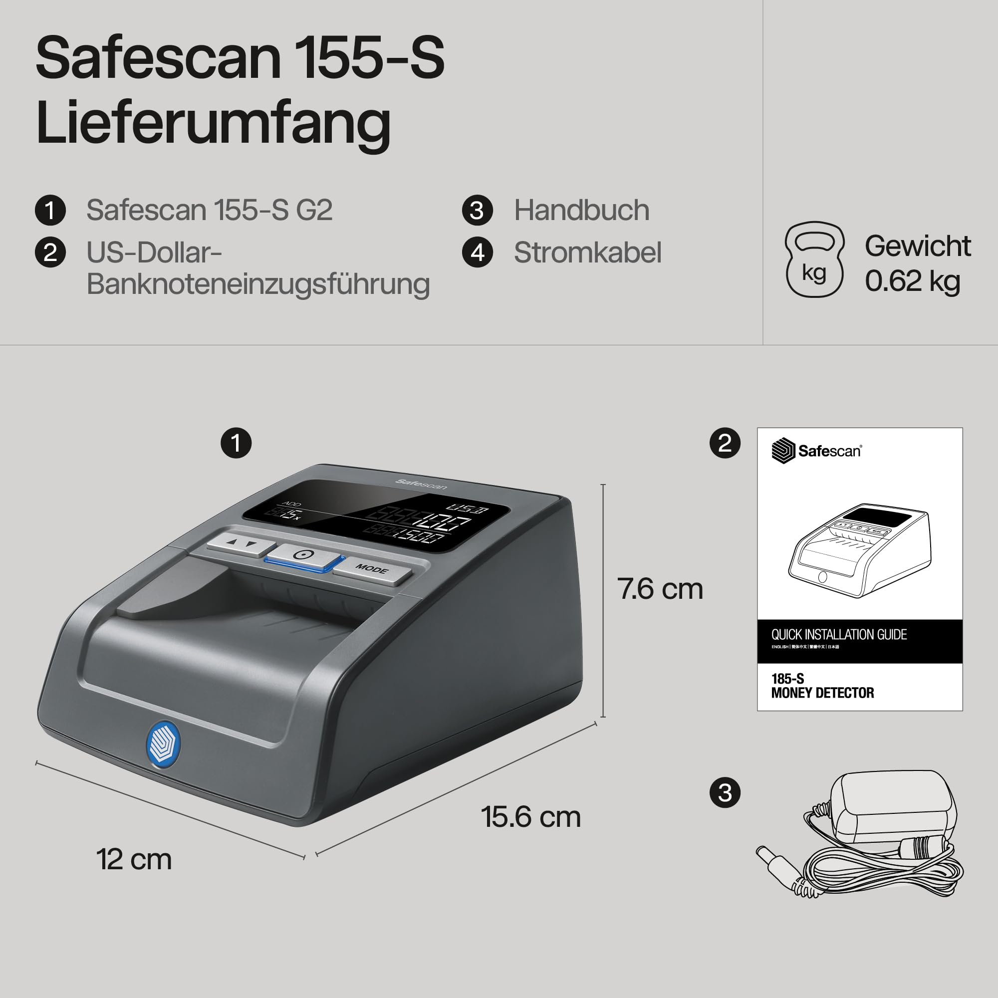 Safescan 185-S automatischer Geldscheinprüfer mit 7-facher Echtheitsprüfung inklusive US Dollar
