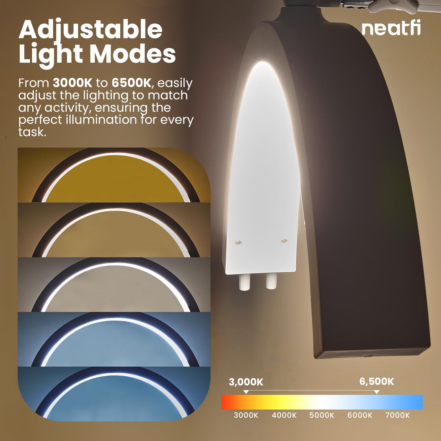 Neatfi Lámpara de mesa con brazo oscilante de media luna, iluminación LED para esteticistas, 2500 lúmenes, 5 modos de luz, ideal para decoración de uñas (CCT con Abrazadera, Blanco)
