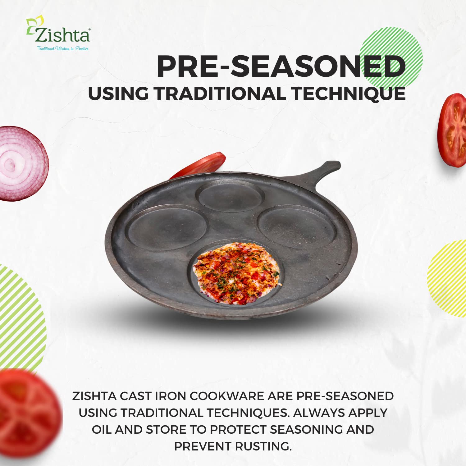 Zishta Cast Iron Mini Uttapam Pan -4 Cavities | Pre-Seasoned | Single Handle| Perfect for Dosa, Uthappam, Pancake | Naturally Non Stick 2