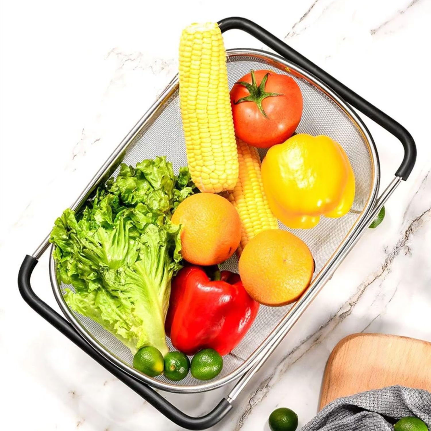 Scolapasta Acciaio Inox Da Lavello, Colino Cucina Per Il Lavaggio Di Verdura e Frutta, Estensibile, Utensili Da Cucina (Nero, Maglia)