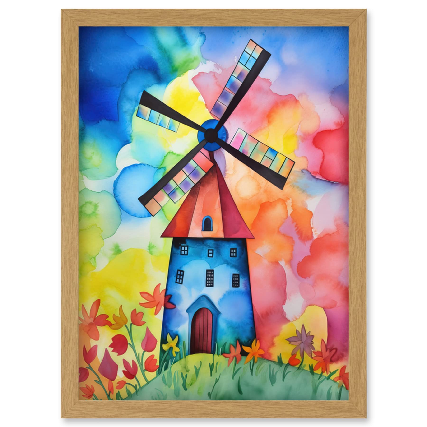Artery8 Watercolour Windmill Netherlands Folk Art Artwork Framed Wall Art Print A4
