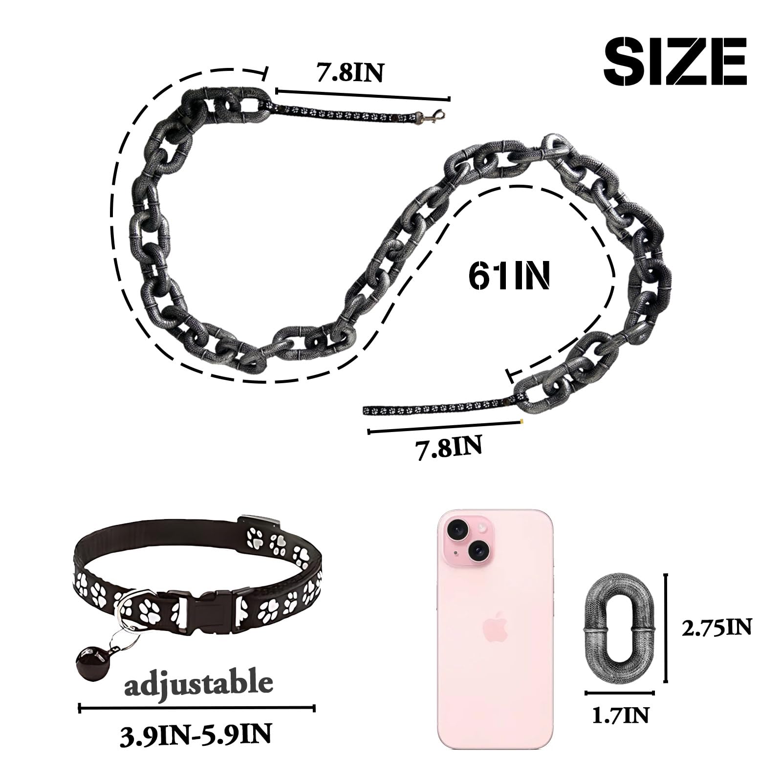 Divertida correa de perro de 6 pies, correa de cadena de plástico gigante con collar para cachorros para perros pequeños, gatos y cachorros, correa de cadena negra divertida para perro