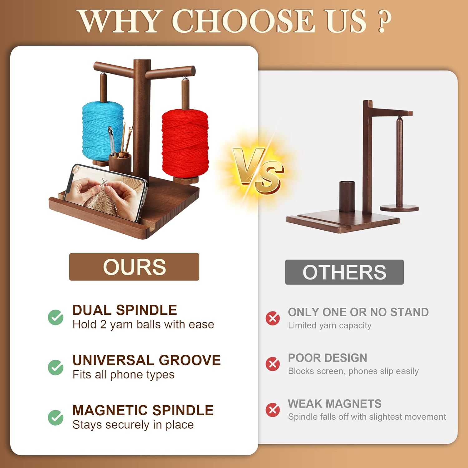 Yarn Holder for Crocheting and Knitting with Phone Stand, Wooden Double Spindles Yarn Holder, Upgraded 360° Magnetic Rotating Yarn Spinner, Crochet Gift for Knitting Lovers (Walnut)