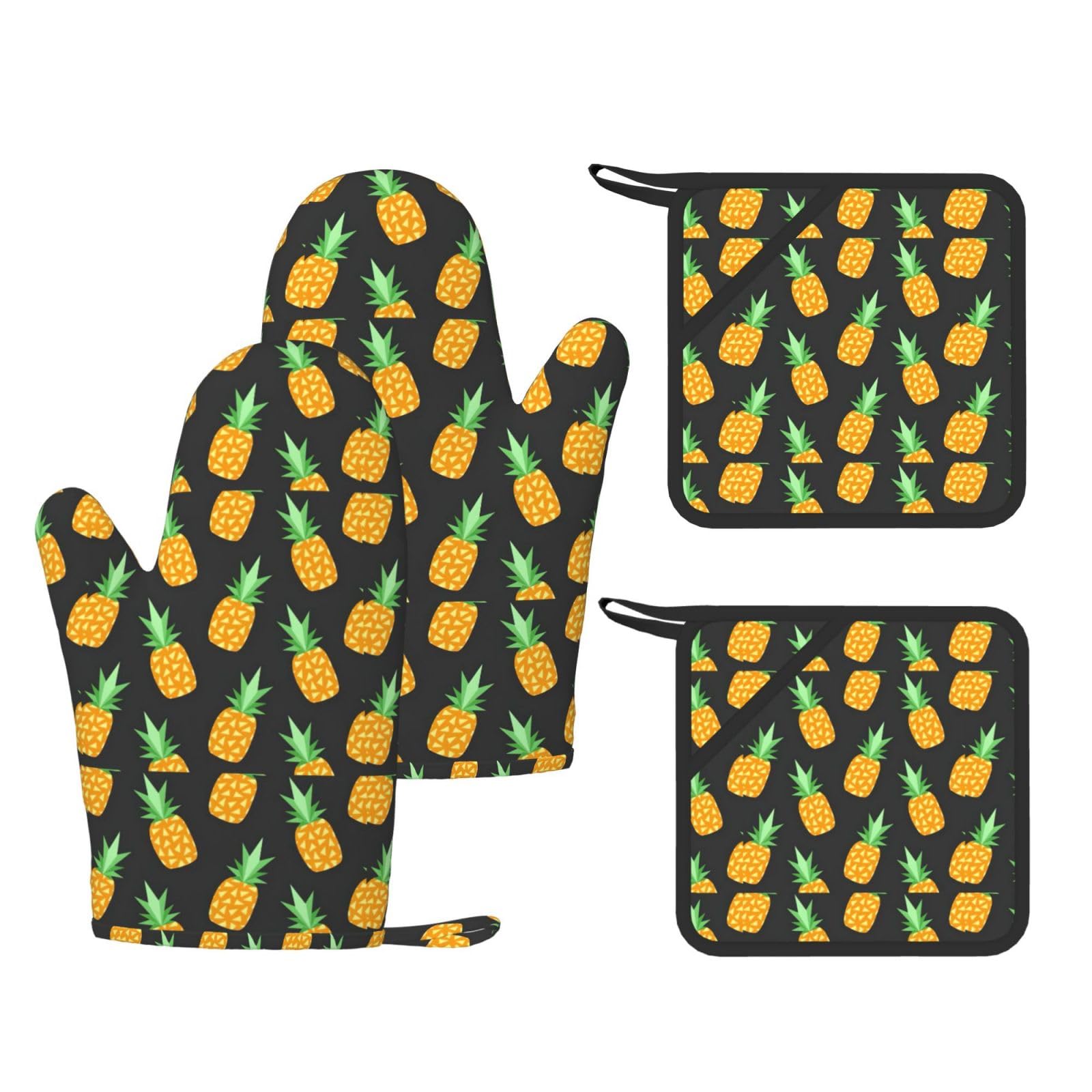 Pineapple Stylish Printed Kitchen Set Including Heat Resistant Gloves and Non-Slip Hot Pads for Cooking BBQ