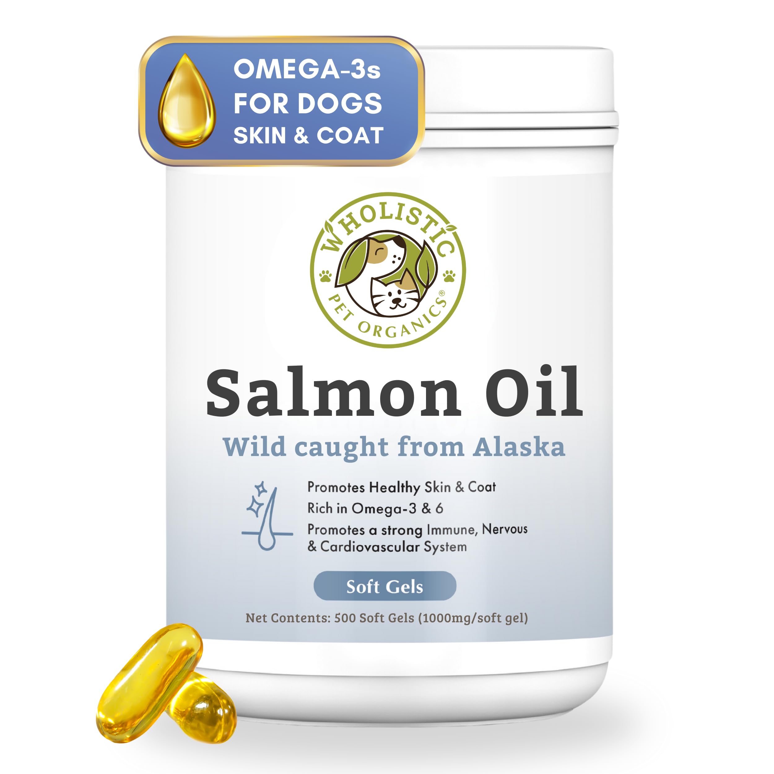 Wholistic Pet Organics Wild Alaskan Salmon Oil for Dogs - 500 Soft Gels - Rich Omega 3 Fish Oil with EPA & DHA for Skin, Coat, Joint, and Heart Health