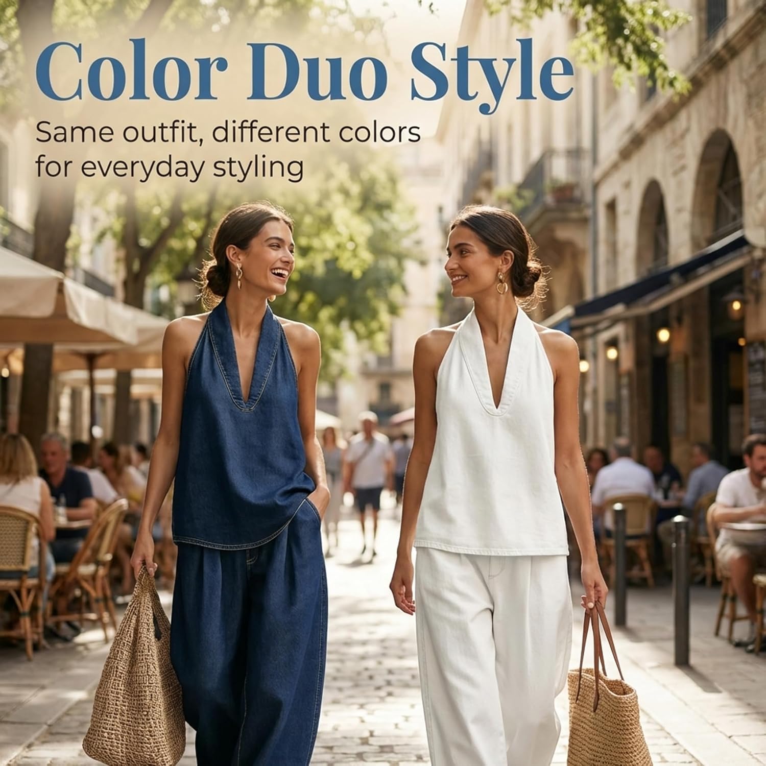 Cozy Minimalist Two-Piece Denim Set - Women's Fashion Halter Denim Sets Solid Color Tank Top Wide Leg Pants Two Piece