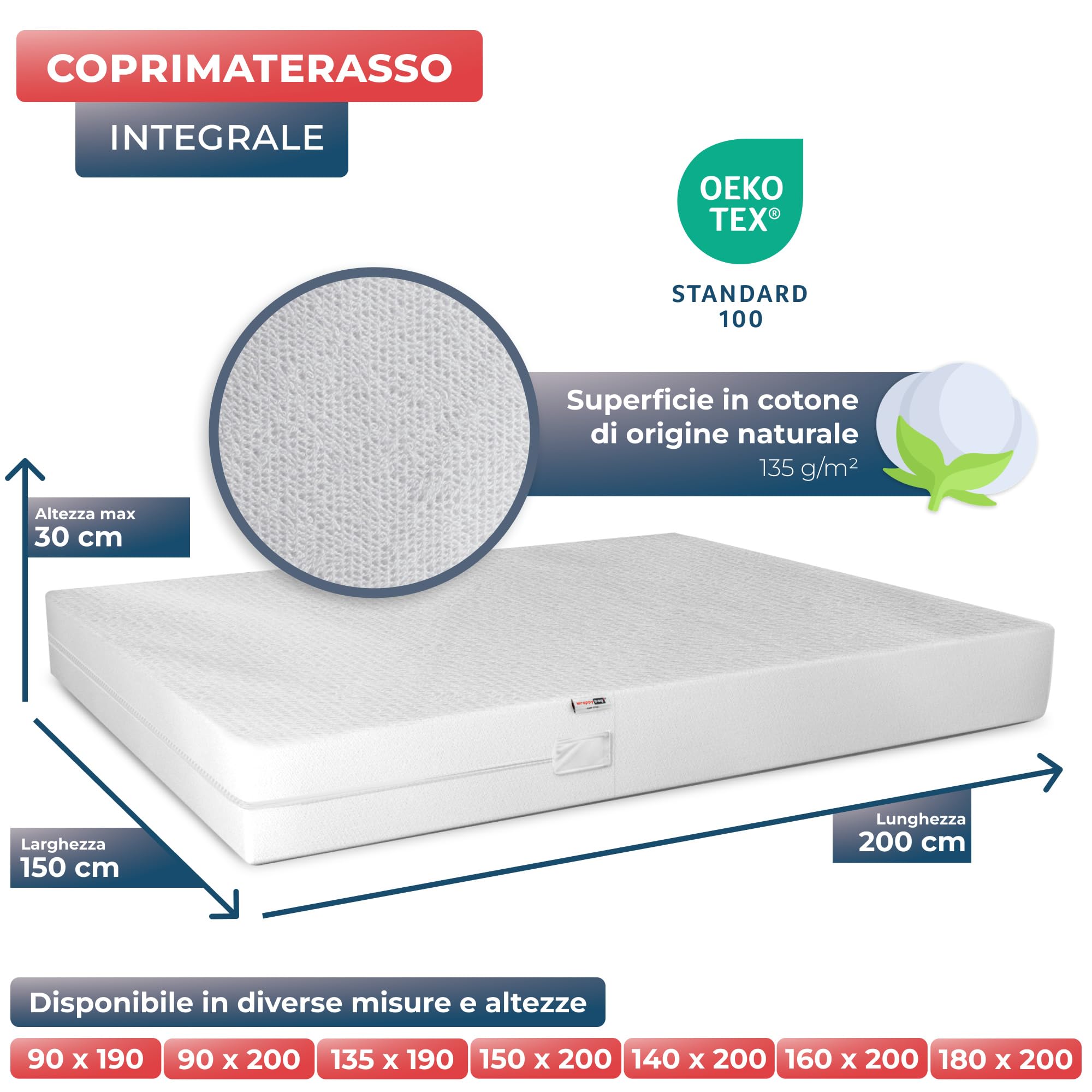 Wrappybag Coprimaterasso Antiacaro Impermeabile - Fodera Integrale Anti-Cimici & Anti-Acaro - Proteggi Materasso Impermeabile senza Trattamenti Chimici - Matrimoniale 150 x 200 cm