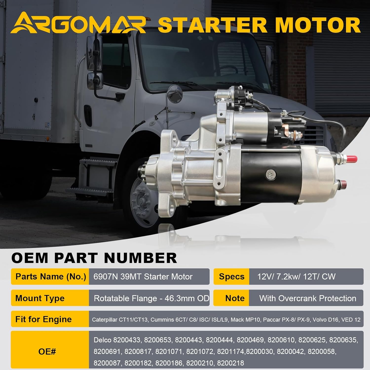 8200433 Starter Motor 6907N Replacement Starter for Cummins ISC/ISL and MaxxForce Engines | Compatible with Freightliner, International, Kenworth, Blue Bird, Peterbilt, Volvo, More