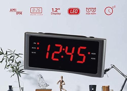 Miniatura 3 de HANNLOMAX Radio despertador HX-151CR, radio PLL AMFM, alarma dual, pantalla LED roja de 1.2 pulgadas, solo operación de CA. (gris plateado)