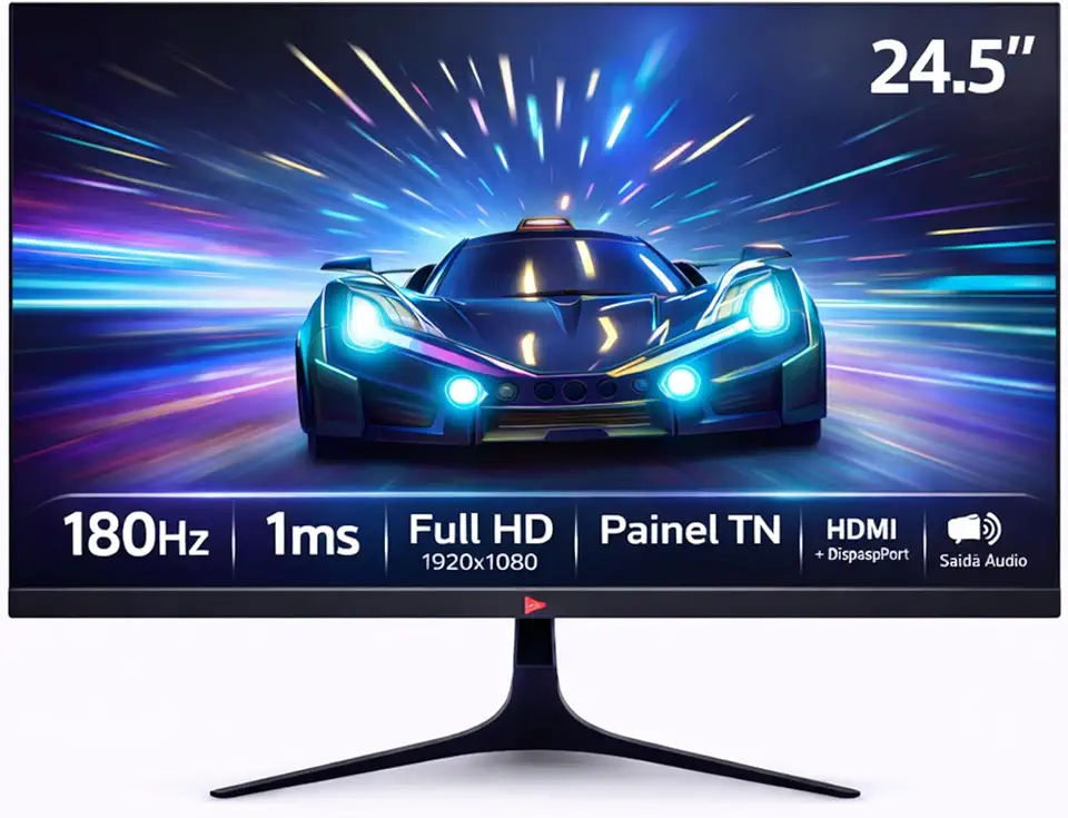 Monitor Gamer 24.5" Full HD 180Hz 1ms, 280 cd/m², Entradas HDMI/DisplayPort com Saída de Áudio e Suporte VESA Jogos, Entretenimento