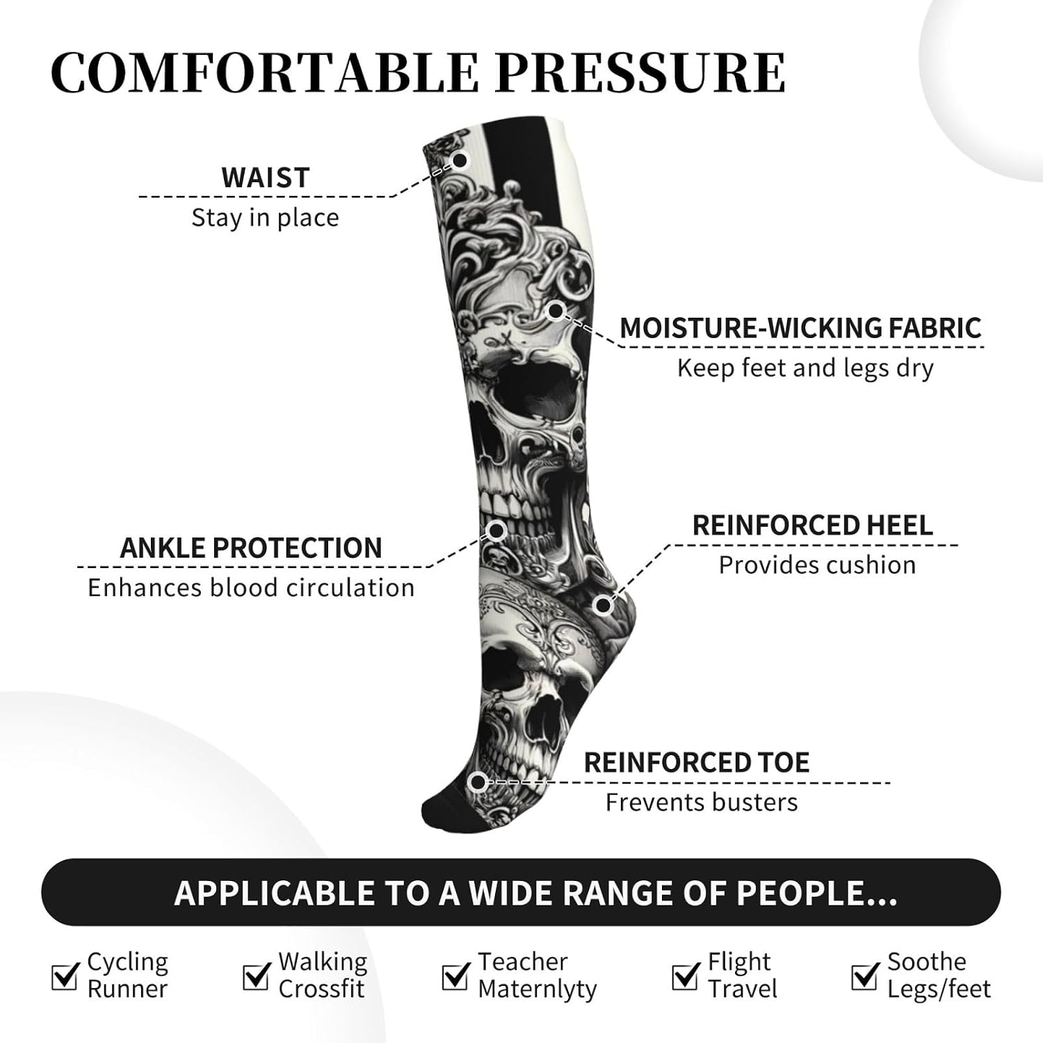 Stylish Halloween Socks Skull Pattern Compression Sock For Men & Women With 15-20mmhg Pressure, Fashionable Knee High Compression Stocking
