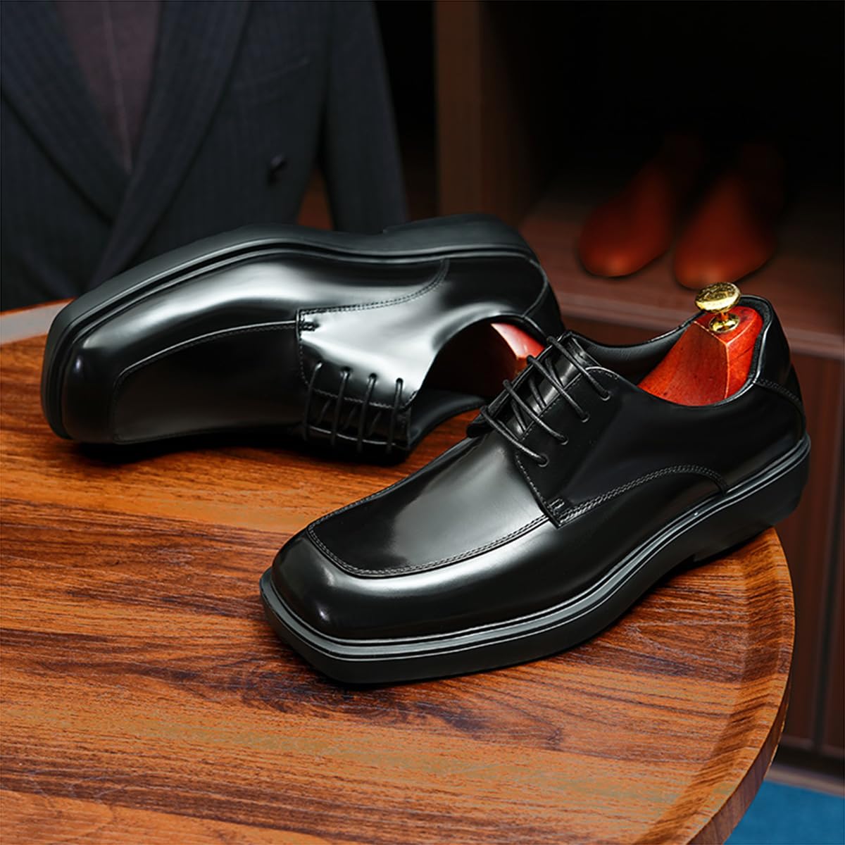 Générique Derbys Confortables Semelle Epaisse Bout Carré pour Hommes Chaussures à Lacets Décontractées en Cuir Véritable Chaussures Habillées Formelles Affaires
