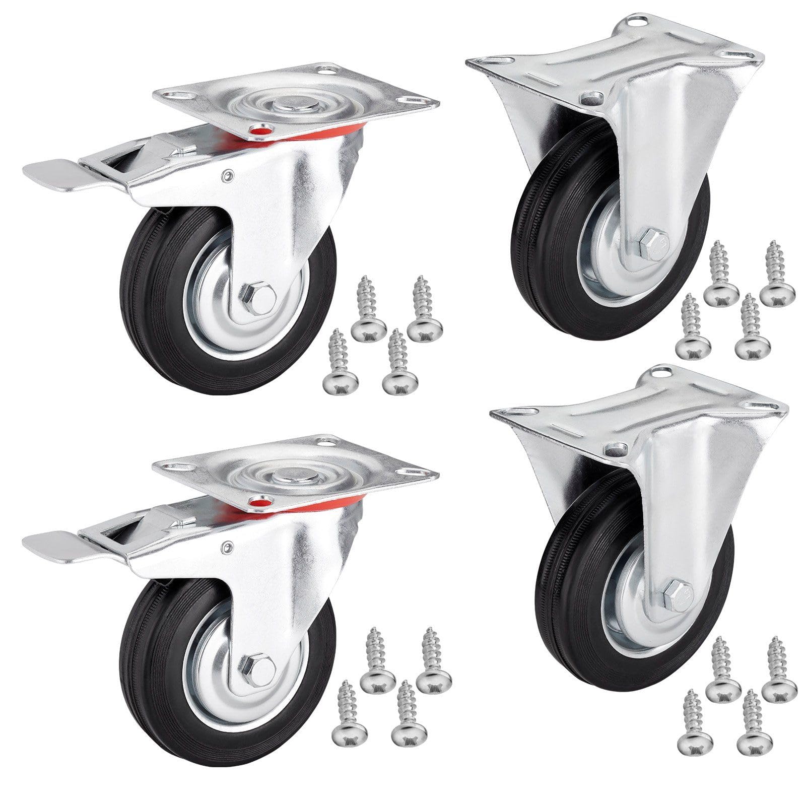 4er SET SOTECH Transportrollen RED Ø 75 mm (2x Bockrollen, 2x Lenkrollen mit Bremse) Höhe 96 mm, Anschraubplatte 80 x 67 mm Traglast bis 280 Kg Bockrolle