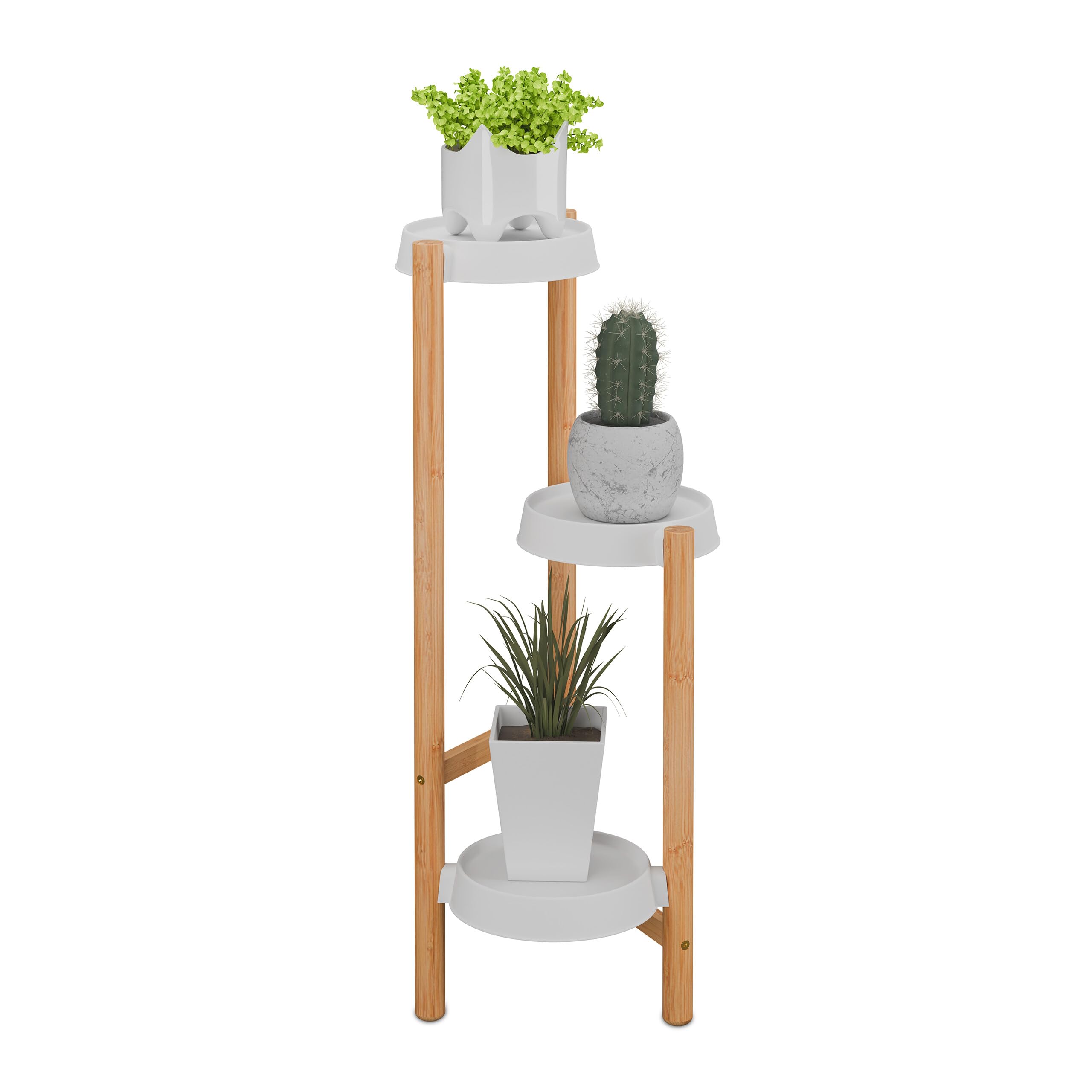 Relaxdays Stojak na rośliny, 3 półki, wewnątrz, bambus i tworzywo sztuczne, wys. x szer. x gł.: 78 x 28 x 34 cm, stojak na kwiaty, naturalny/biały