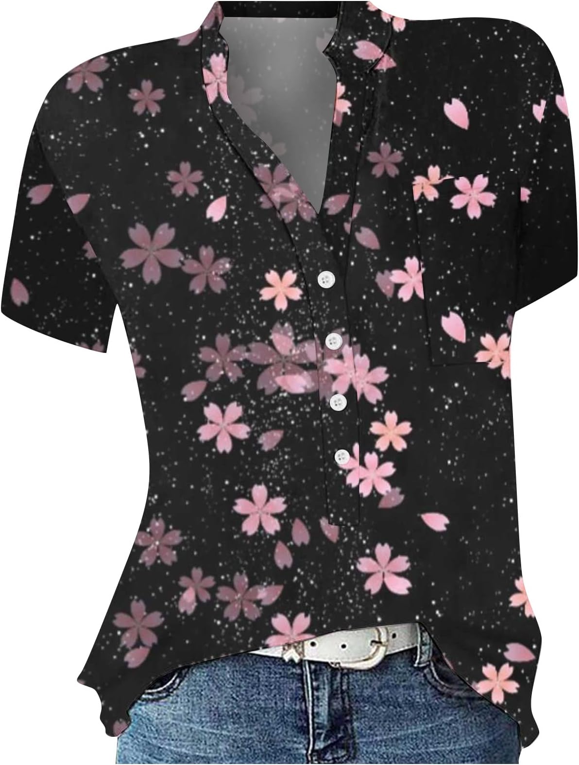 Soft Scrub Tops Woman Party Cropped Summer Basic Short Sleeve Button Dow Top Baggy Printing V Neck Polyester Scrub for Women