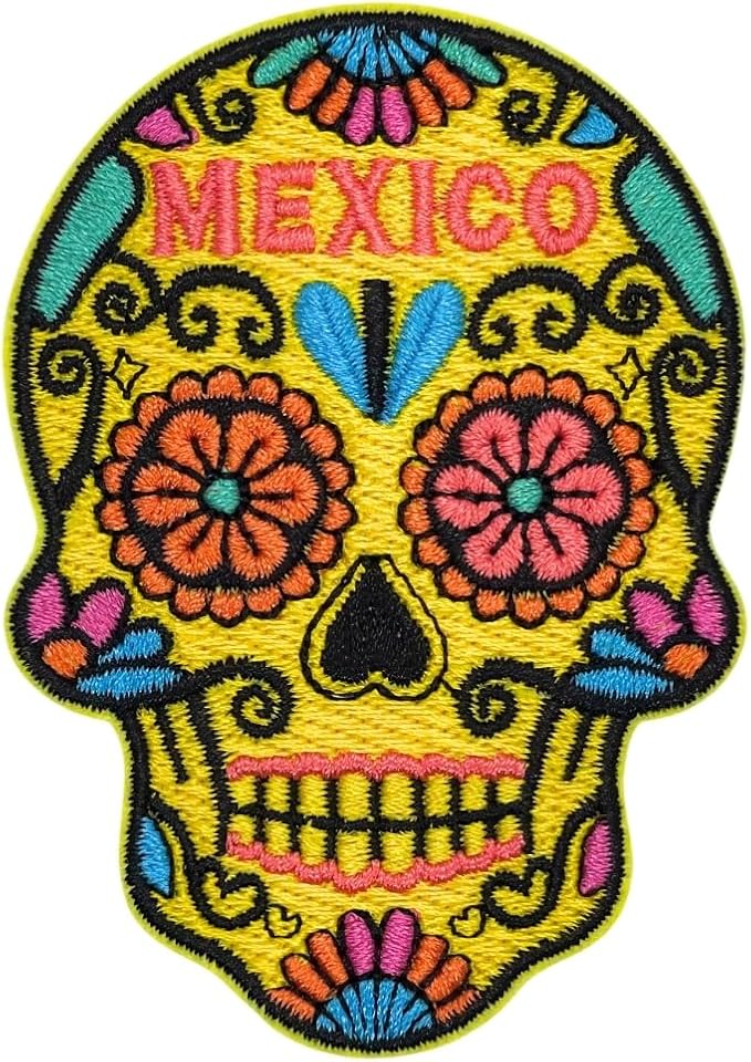 Sugar Skull Mexico Patch – 3 inches, Cool Mexico Iron On Patch – Iron On/Sew On Embroidered Travel Mexican Patches for Jackets