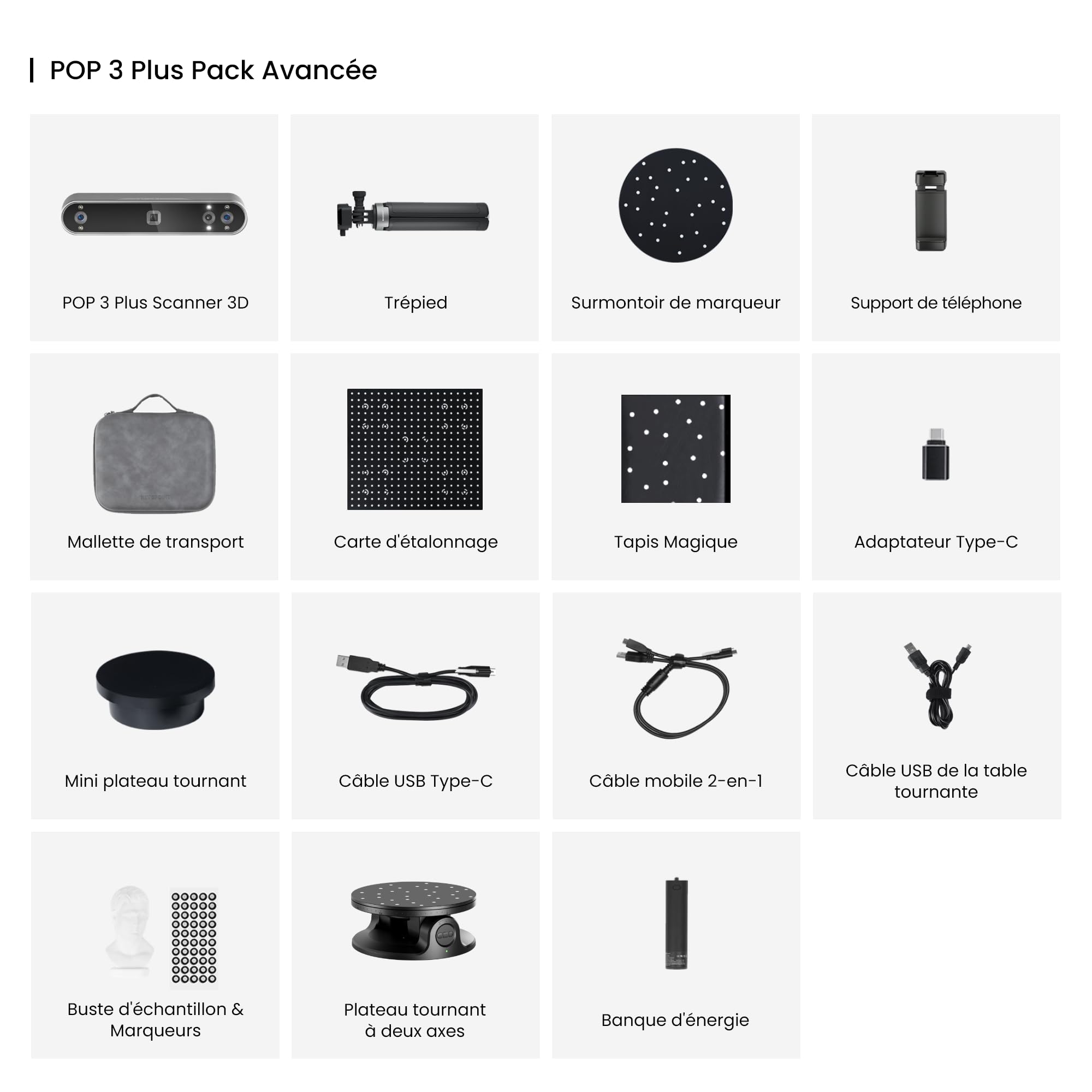 Revopoint POP3 Plus Scanner 3D pour l'impression 3D, Scanner portable avec une précision de 0,04mm et une vitesse de scan de 18 ips, pour objets de taille moyenne, ADVANCED