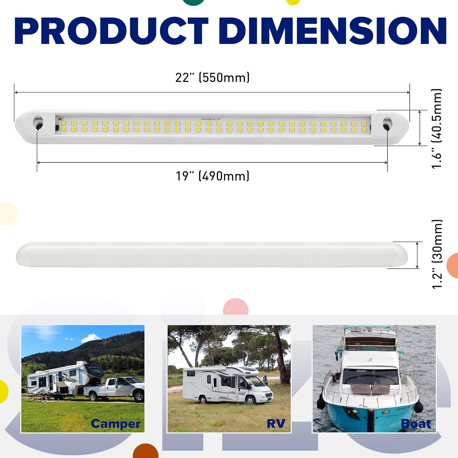 RV Lights Exterior, 12V RV Porch Light IP66 Waterproof LED Scene Lighting Compatible with RV Outdoor Camper Trailers Truck 5th Wheels Marine, 13.5W 850 Lumens 22 Inch White Aluminum Housing, 1-Pack