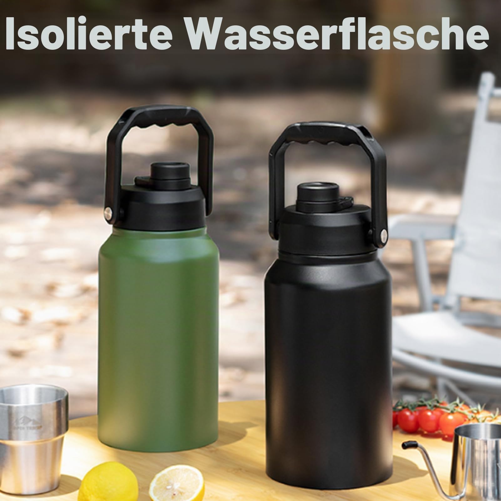 Denash 3L Isolierte Wasser Flasche, 316 Edelstahl Flasche mit Breitem Mund & Griff, Hält heiß 24H/kalt 48H für Camping Reisen (BLACK)