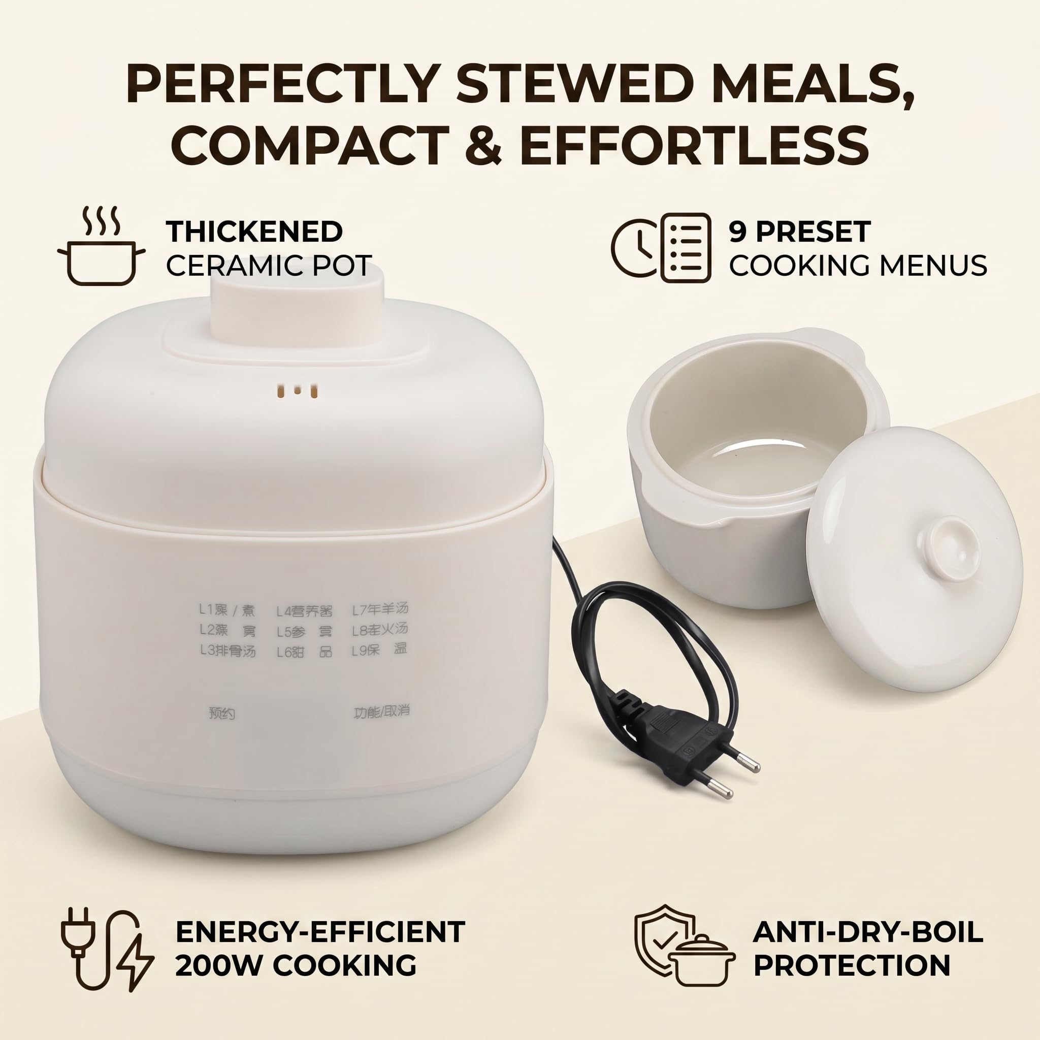 Cuiseur à Soupe en Céramique 1 L, Petite Mijoteuse avec Protection contre la Surchauffe, Fonction de Maintien au Chaud avec Couvercle Minuteur, Faitout électrique pour la (Prise